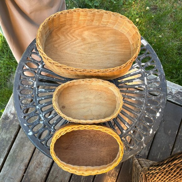 Vintage Wicker Basket Set of 3 Oval Shaped Boho Storage Bins with Wood Bases - Picture 2 of 11